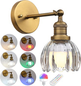 Phansthy Vintage Battery Operated Wall Sconce with Transparent Tulip Glass Lampshade, USB Rechargeable Battery Powered Wall Light with 12 RGB Remote Control for Bedside Bedroom Doorway (Antique)