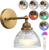 Phansthy Industrial Rechargeable Battery Operated Wall Sconce with Remote Control, Clear Striped Glass Shade Wall Lamp, Vintage Dimmable Indoor Wall Light for Bedroom Living Room Restaurant (Antique)