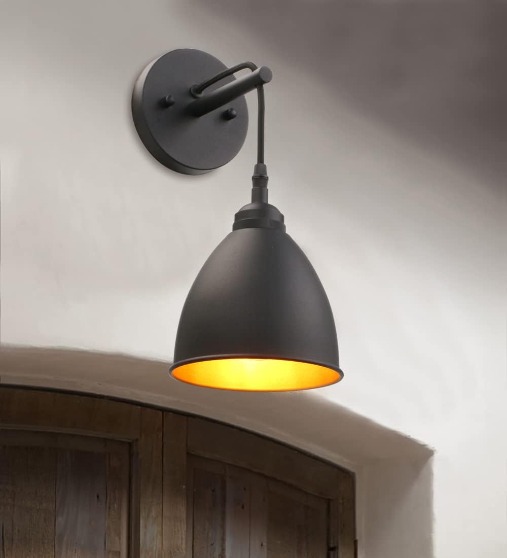 Phansthy Industrial Wall Sconce Matte Black Barn Farmhouse Wall Light Fixture with Metal Lampshade (Hanging-Wired)