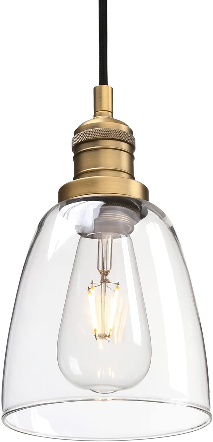 Phansthy Vintage Pendant Light Industrial Hanging Bell Glass Shade Ceiling Lamp Pendant Fixture (Black)