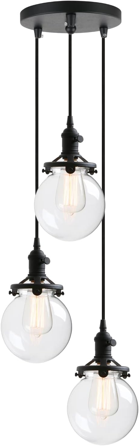Phansthy Industrial Ceiling Light 3 Light Vintage Chandelier Light Fixture with 5.9 Inches Glass Lamp Shade,Brushed Nickel