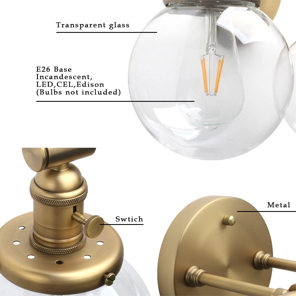 Phansthy Industrial 3 Lights Wall Sconce Modern Bathroom Vanity Light Fixture with On Off Switch and Three 5.9 Inches Diameter Globe Glass Lampshade (Chrome)