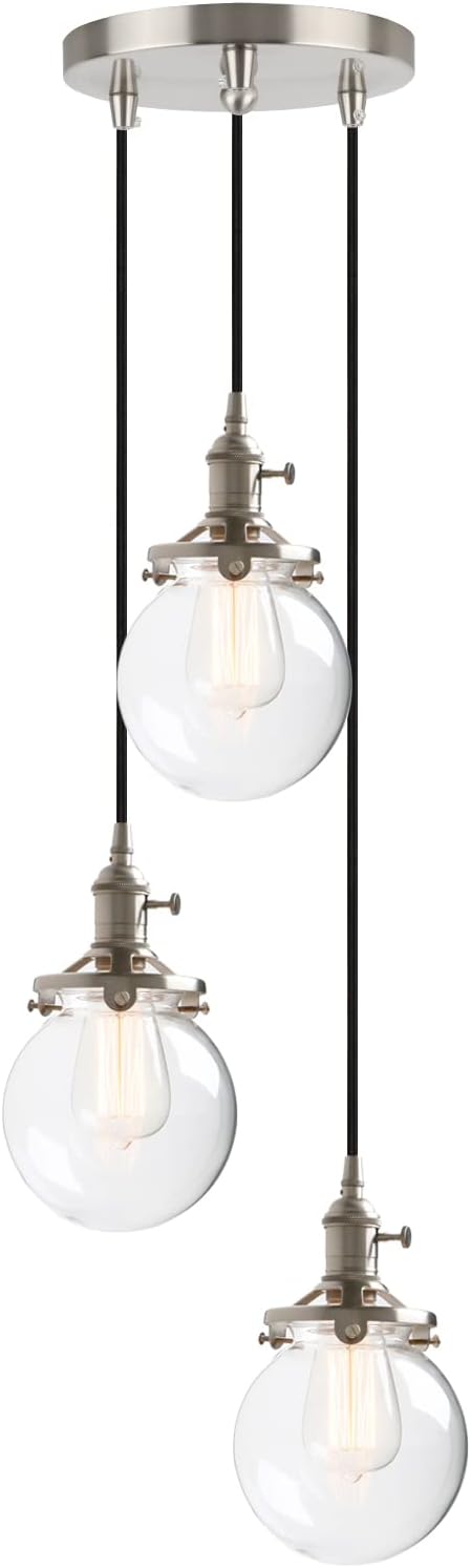 Phansthy Industrial Ceiling Light 3 Light Vintage Chandelier Light Fixture with 5.9 Inches Glass Lamp Shade,Brushed Nickel