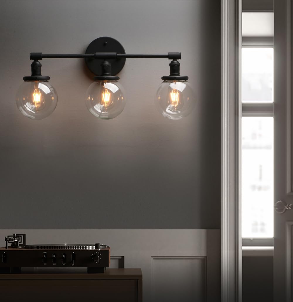 Phansthy Industrial 3 Lights Wall Sconce Modern Bathroom Vanity Light Fixture with On Off Switch and Three 5.9 Inches Diameter Globe Glass Lampshade (Chrome)