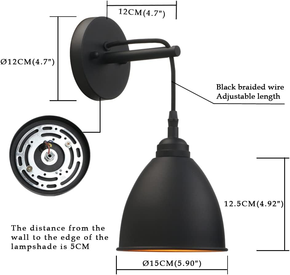 Phansthy Industrial Wall Sconce Matte Black Barn Farmhouse Wall Light Fixture with Metal Lampshade (Hanging-Wired)