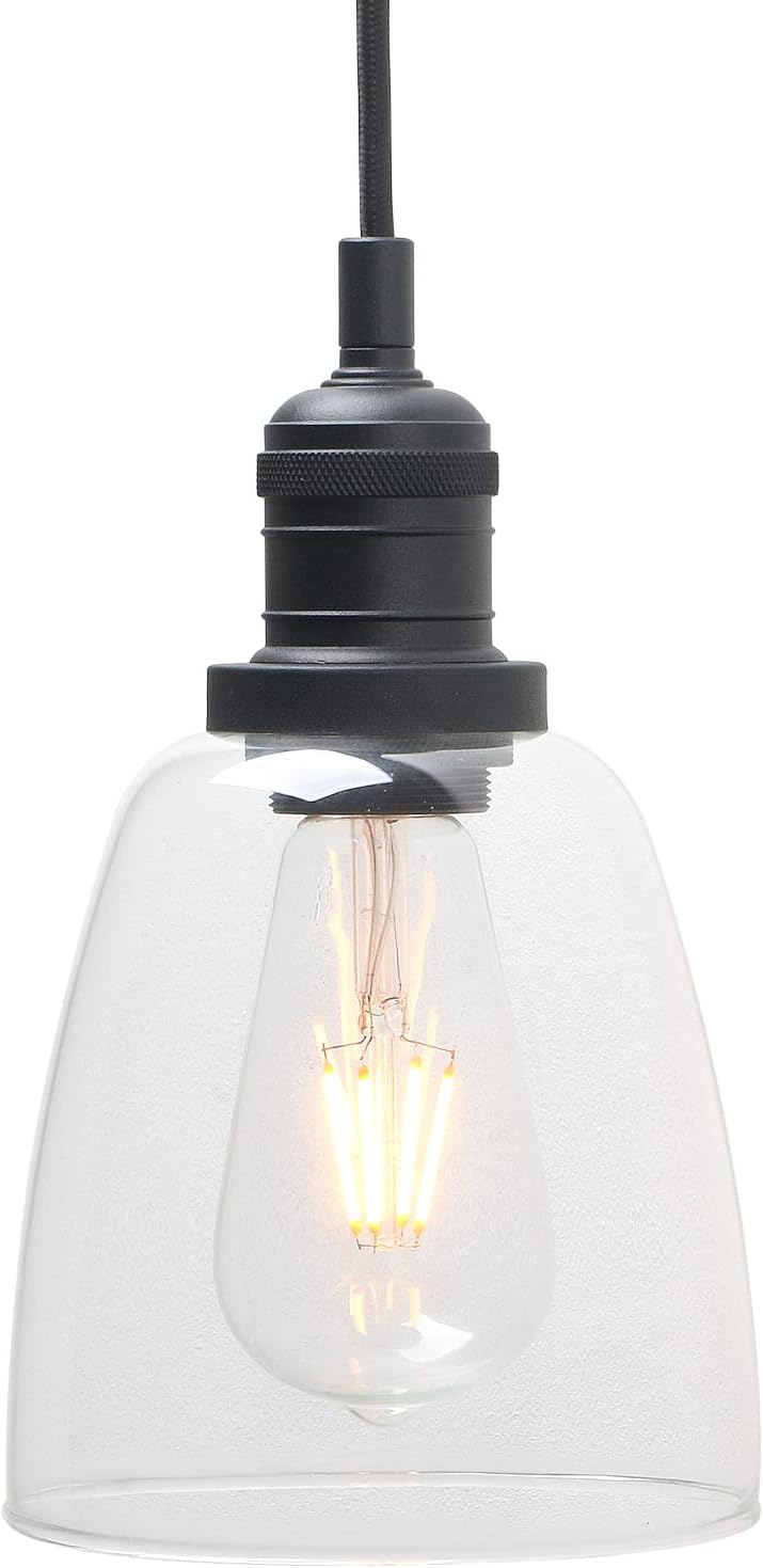 Phansthy Vintage Pendant Light Industrial Hanging Bell Glass Shade Ceiling Lamp Pendant Fixture (Black)