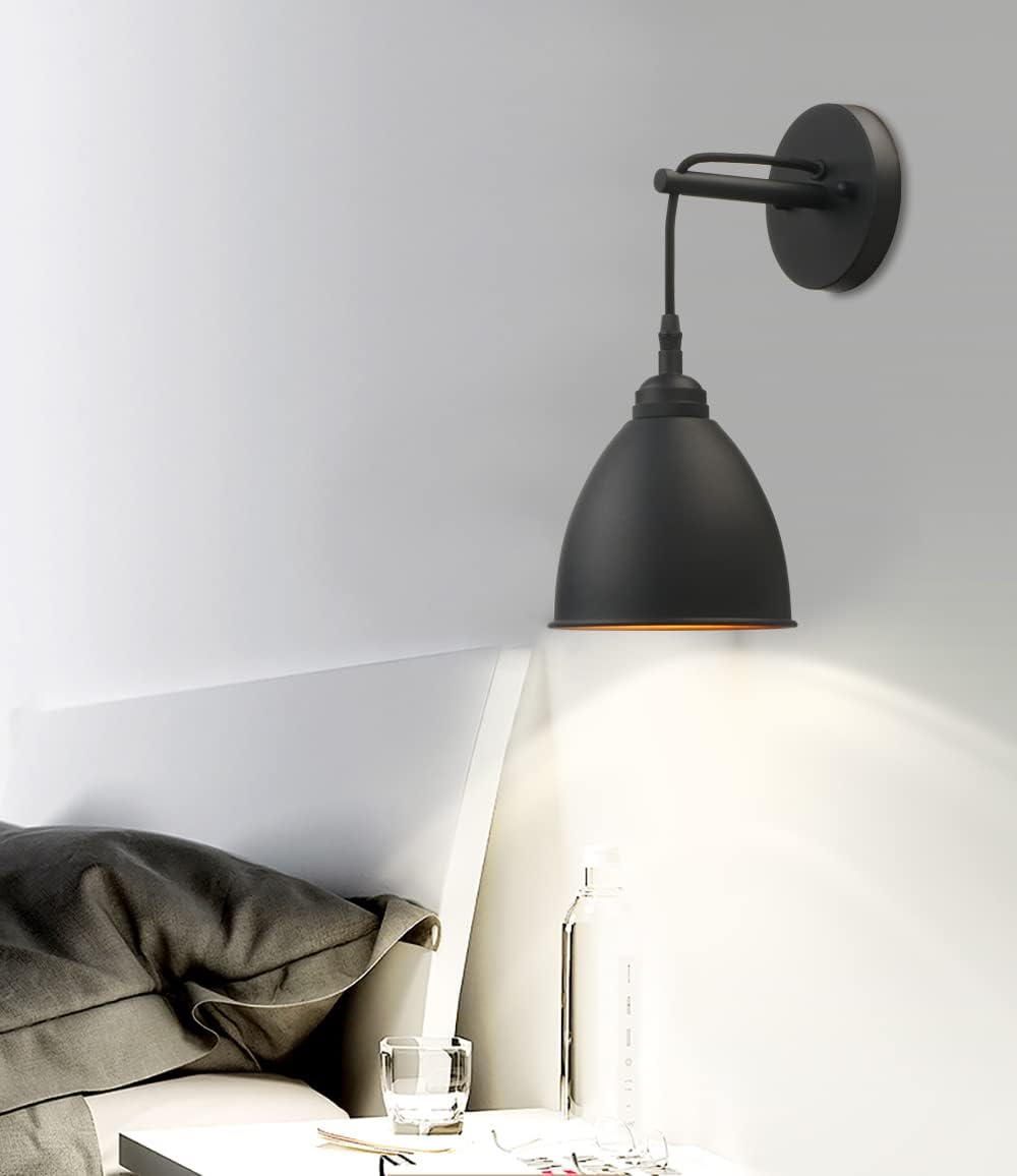 Phansthy Industrial Wall Sconce Matte Black Barn Farmhouse Wall Light Fixture with Metal Lampshade (Hanging-Wired)