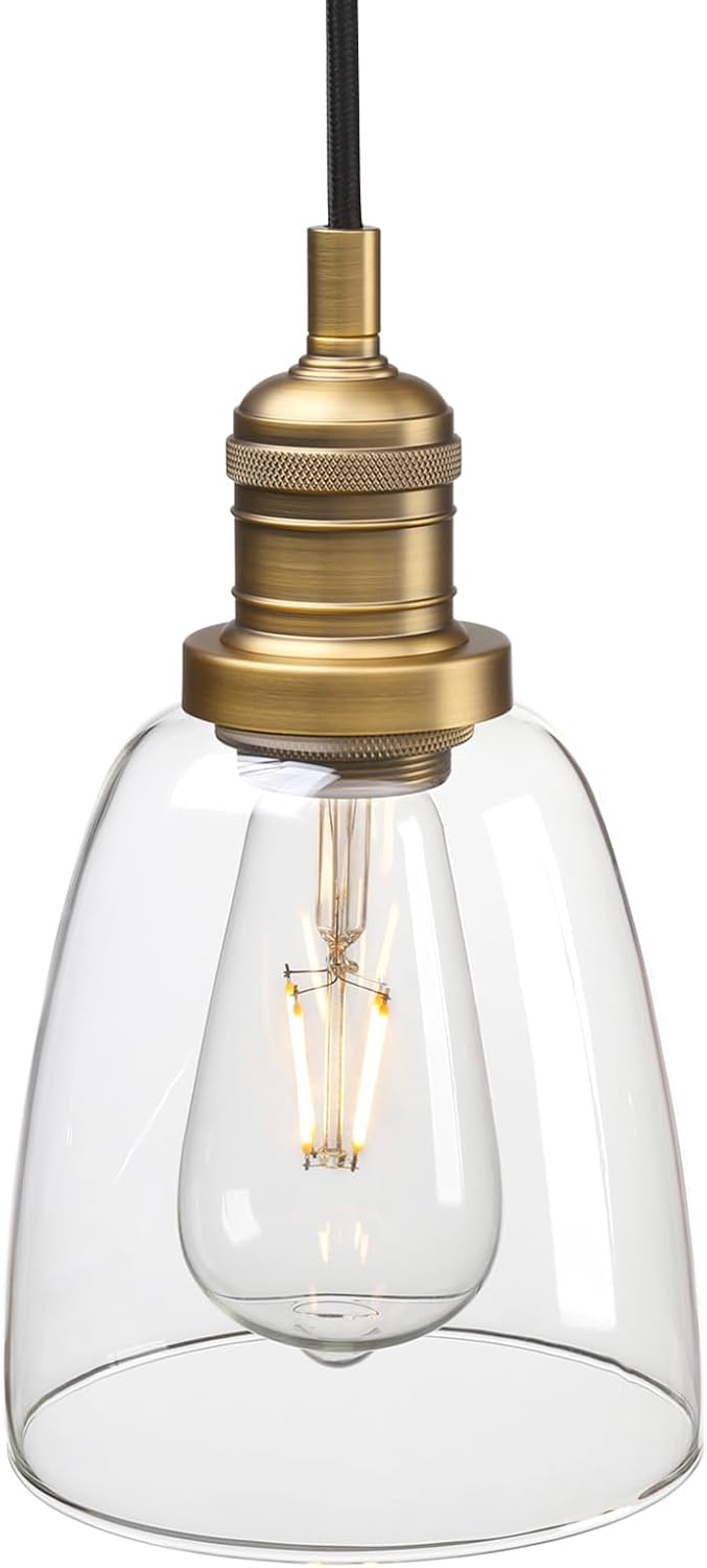 Phansthy Vintage Pendant Light Industrial Hanging Bell Glass Shade Ceiling Lamp Pendant Fixture (Black)