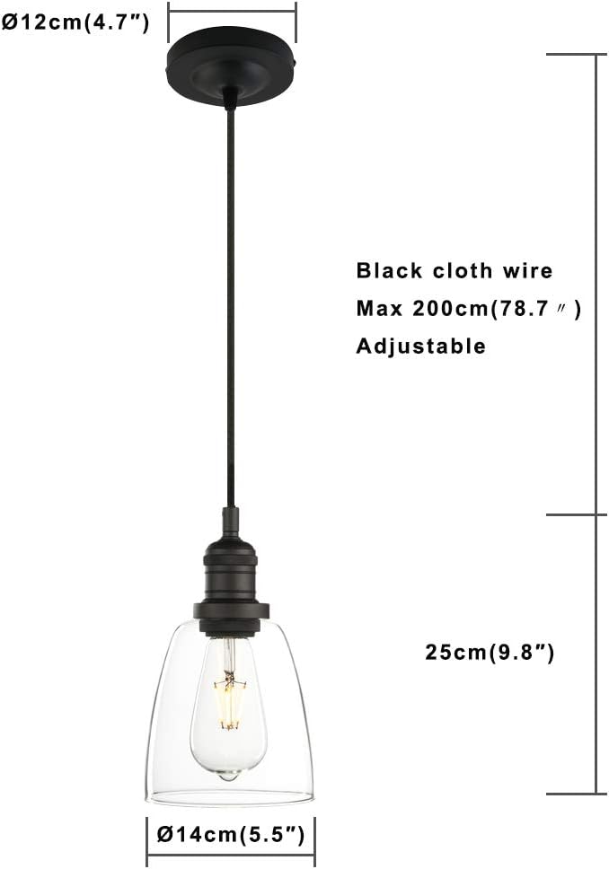 Phansthy Vintage Pendant Light Industrial Hanging Bell Glass Shade Ceiling Lamp Pendant Fixture (Black)