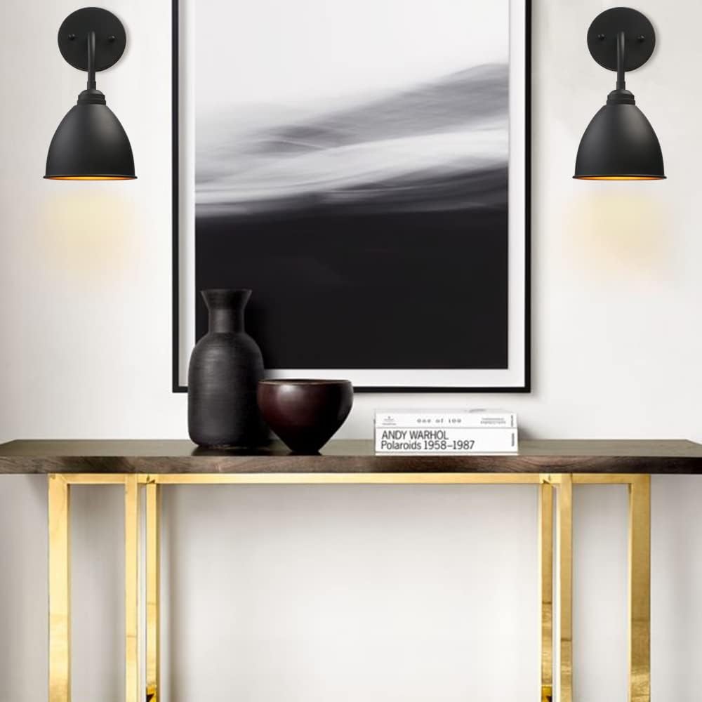 Phansthy Industrial Wall Sconce Matte Black Barn Farmhouse Wall Light Fixture with Metal Lampshade (Hanging-Wired)