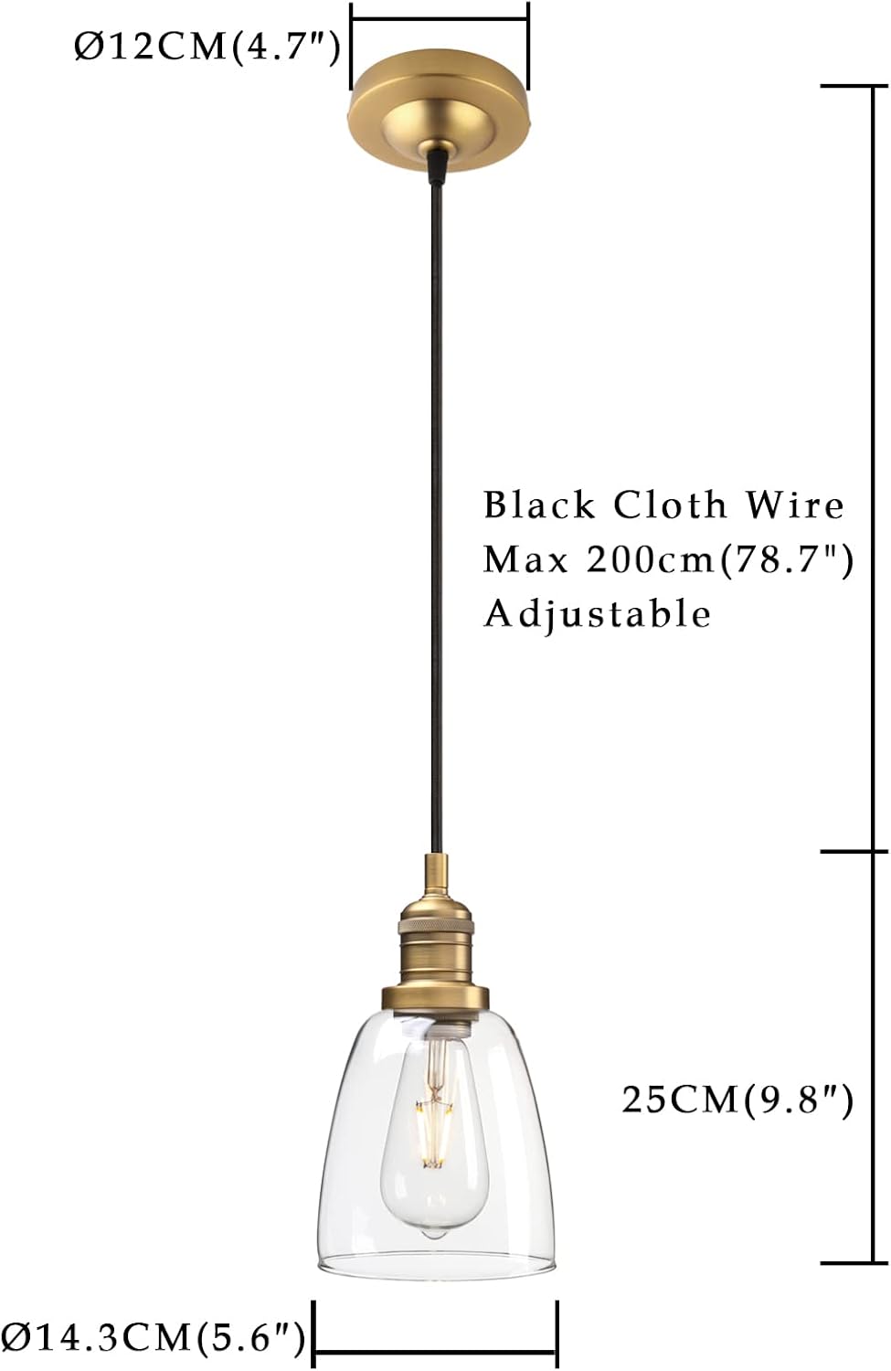 Phansthy Vintage Pendant Light Industrial Hanging Bell Glass Shade Ceiling Lamp Pendant Fixture (Black)