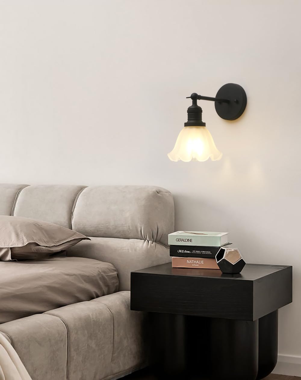 Phansthy Vintage Wall Sconces with Frosted Glass Lampshade 180 Degree Adjustable Brass Sconces Modern Glass Wall Lighting Fixture for Bedside Bedroom Doorway Bathroom (Black)