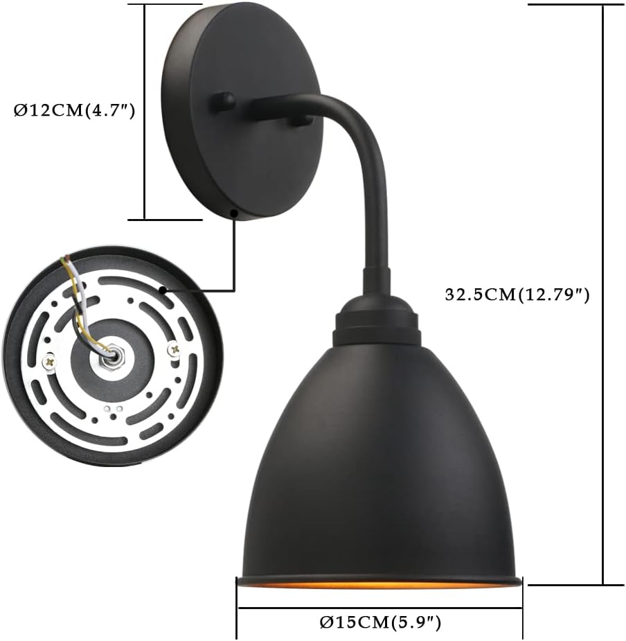 Phansthy Industrial Wall Sconce Matte Black Barn Farmhouse Wall Light Fixture with Metal Lampshade (Hanging-Wired)