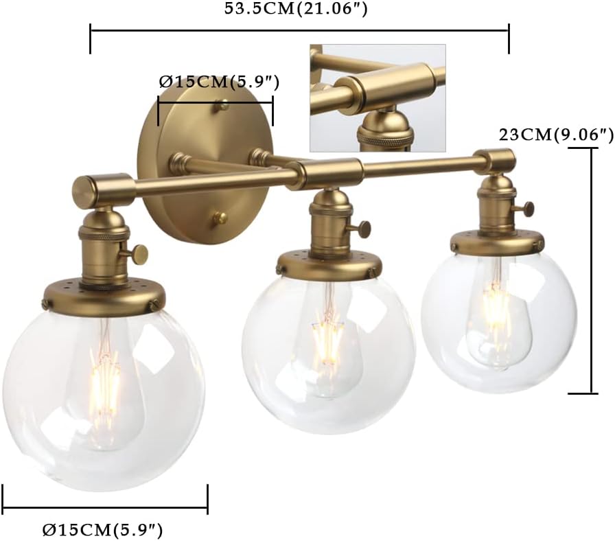 Phansthy Industrial 3 Lights Wall Sconce Modern Bathroom Vanity Light Fixture with On Off Switch and Three 5.9 Inches Diameter Globe Glass Lampshade (Chrome)