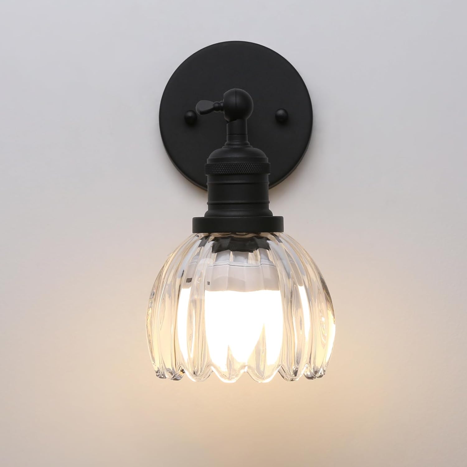 Phansthy Vintage Battery Operated Wall Sconce with Transparent Tulip Glass Lampshade, USB Rechargeable Battery Powered Wall Light with 12 RGB Remote Control for Bedside Bedroom Doorway (Antique)