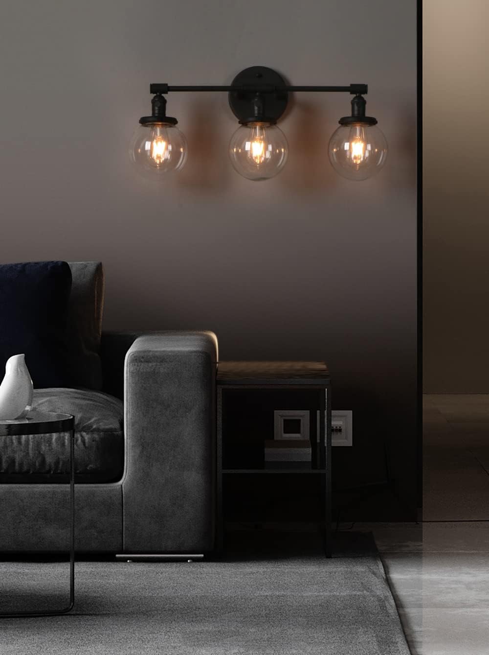 Phansthy Industrial 3 Lights Wall Sconce Modern Bathroom Vanity Light Fixture with On Off Switch and Three 5.9 Inches Diameter Globe Glass Lampshade (Chrome)