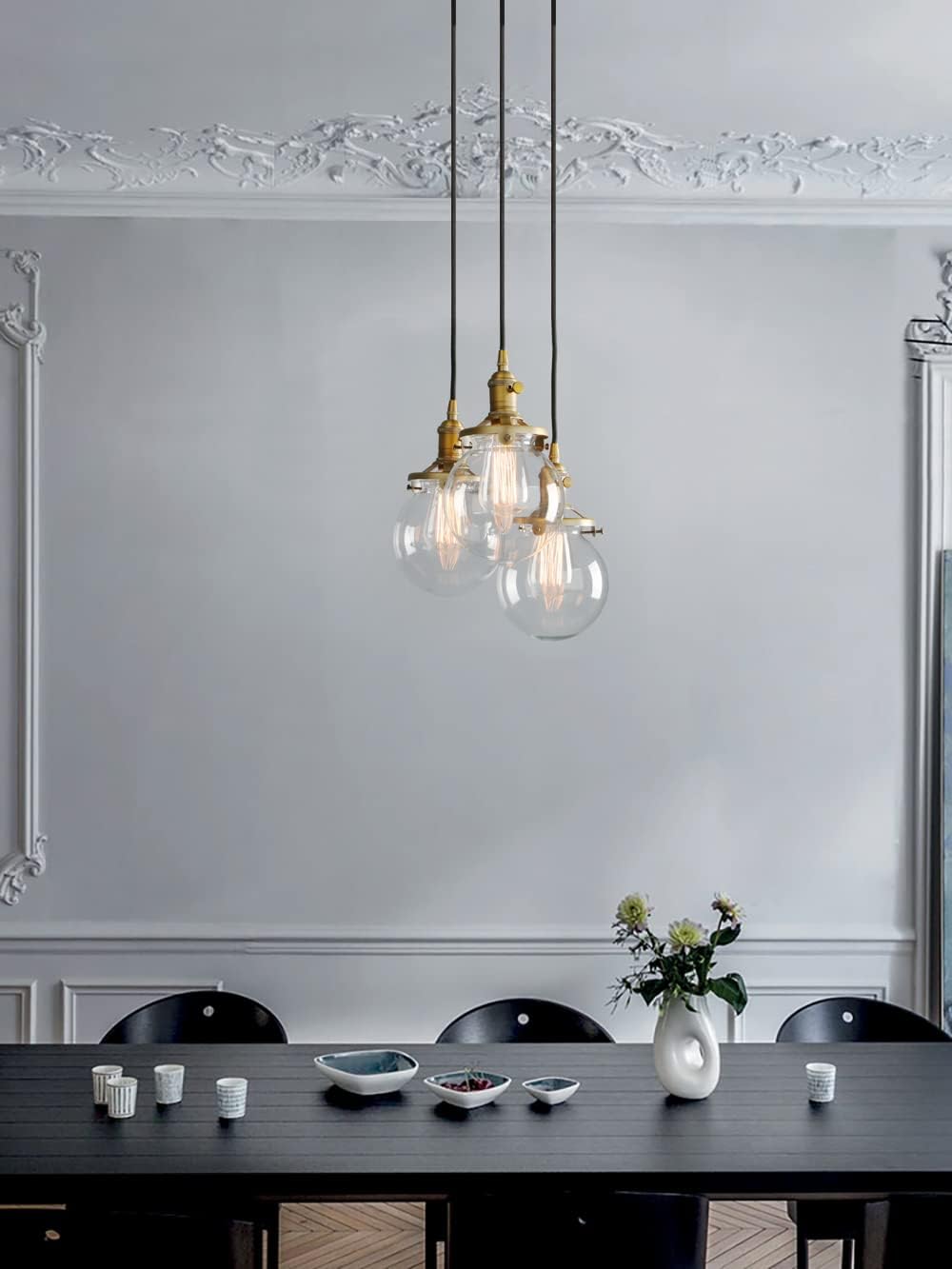 Phansthy Industrial Ceiling Light 3 Light Vintage Chandelier Light Fixture with 5.9 Inches Glass Lamp Shade,Brushed Nickel
