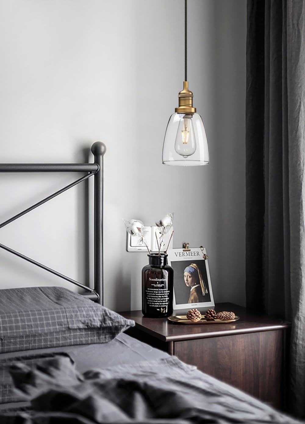 Phansthy Vintage Pendant Light Industrial Hanging Bell Glass Shade Ceiling Lamp Pendant Fixture (Black)