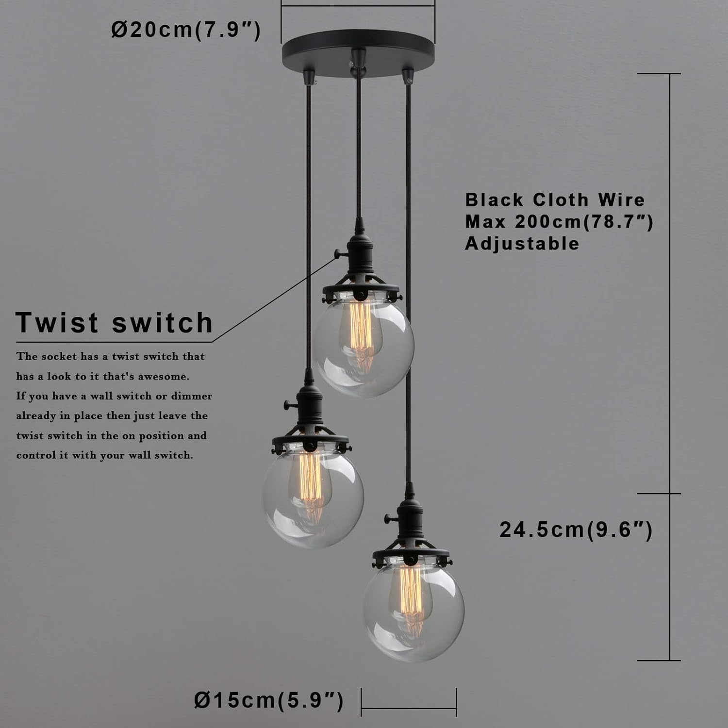 Phansthy Industrial Ceiling Light 3 Light Vintage Chandelier Light Fixture with 5.9 Inches Glass Lamp Shade,Brushed Nickel