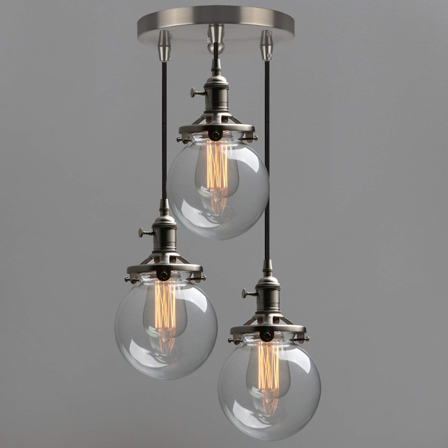Phansthy Industrial Ceiling Light 3 Light Vintage Chandelier Light Fixture with 5.9 Inches Glass Lamp Shade,Brushed Nickel