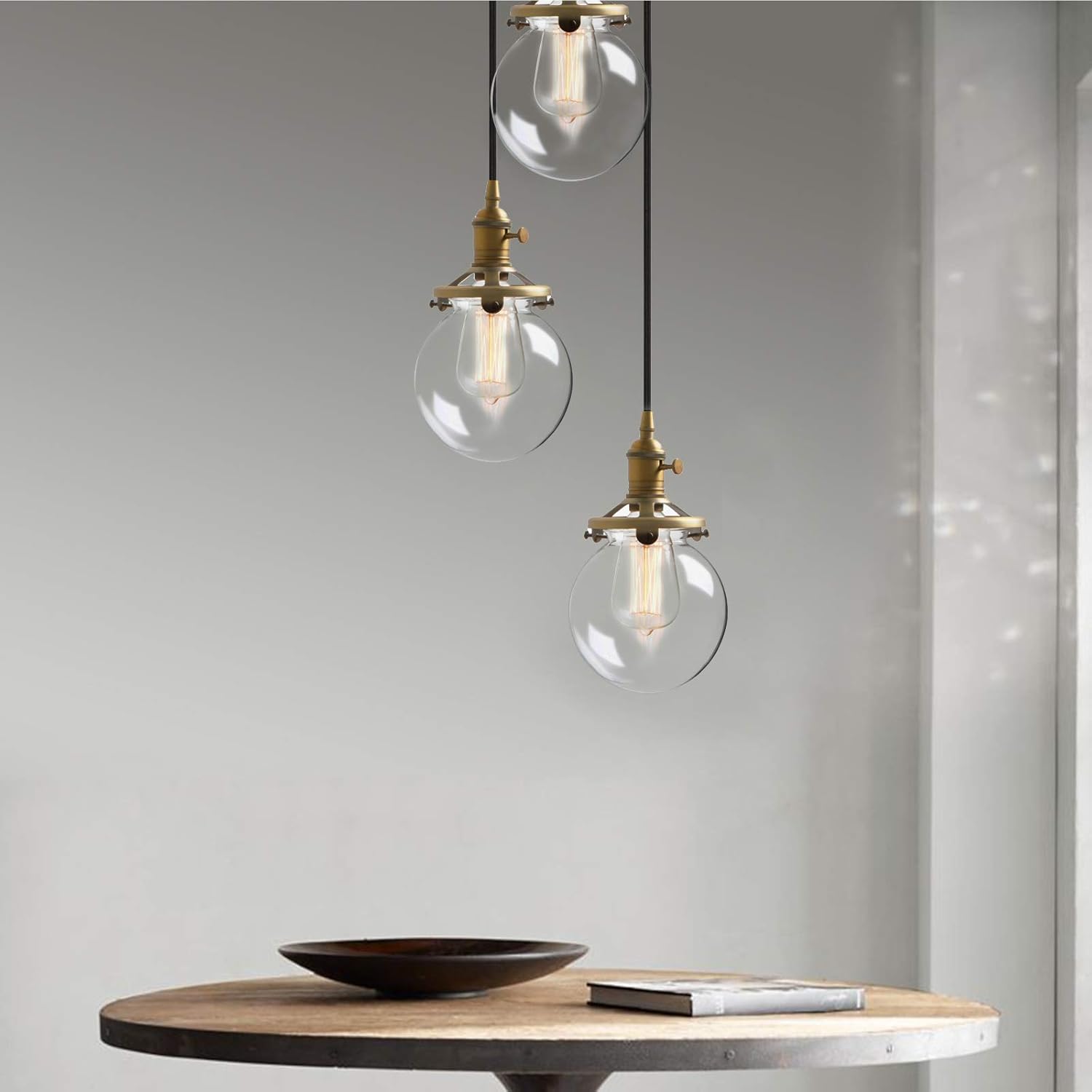Phansthy Industrial Ceiling Light 3 Light Vintage Chandelier Light Fixture with 5.9 Inches Glass Lamp Shade,Brushed Nickel