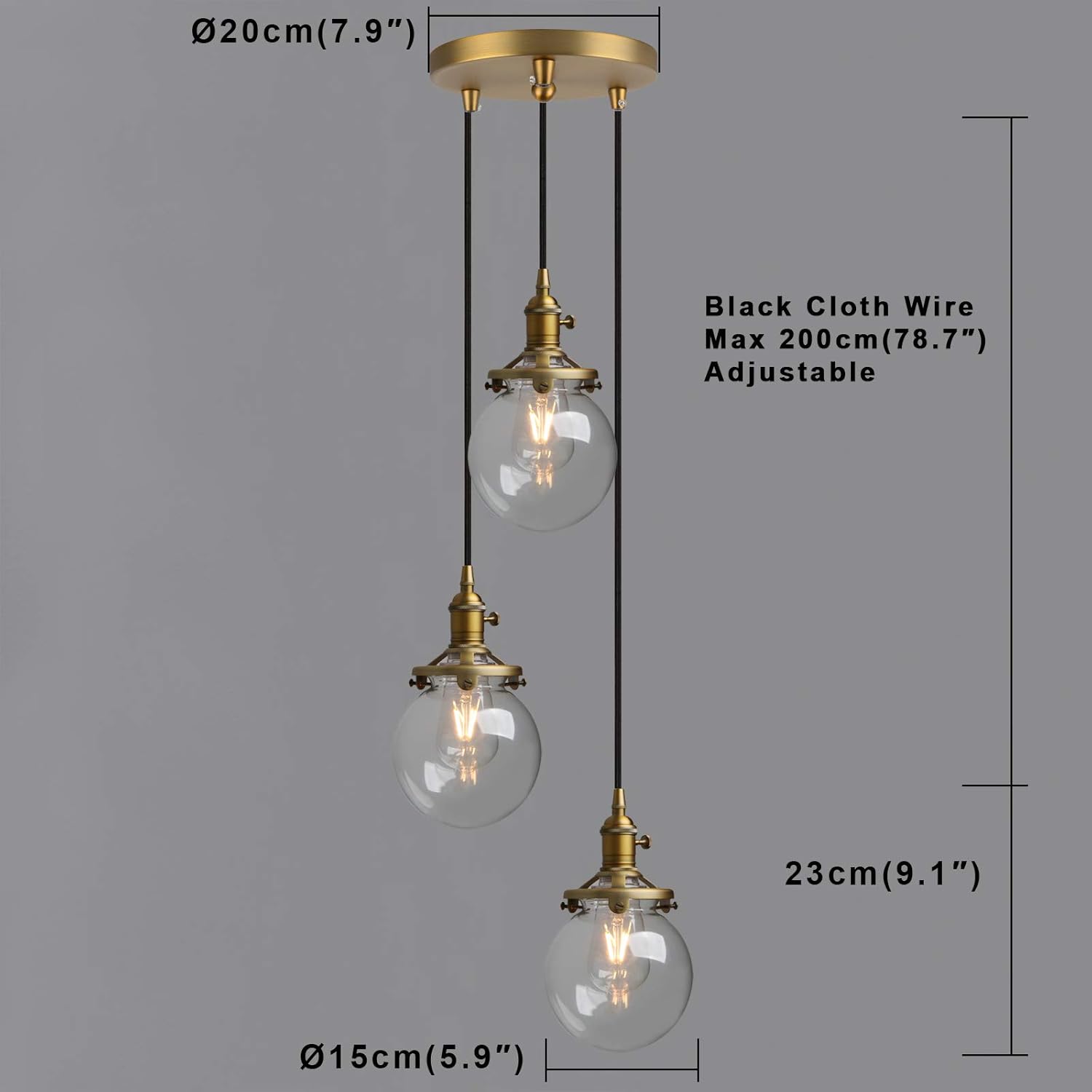 Phansthy Industrial Ceiling Light 3 Light Vintage Chandelier Light Fixture with 5.9 Inches Glass Lamp Shade,Brushed Nickel