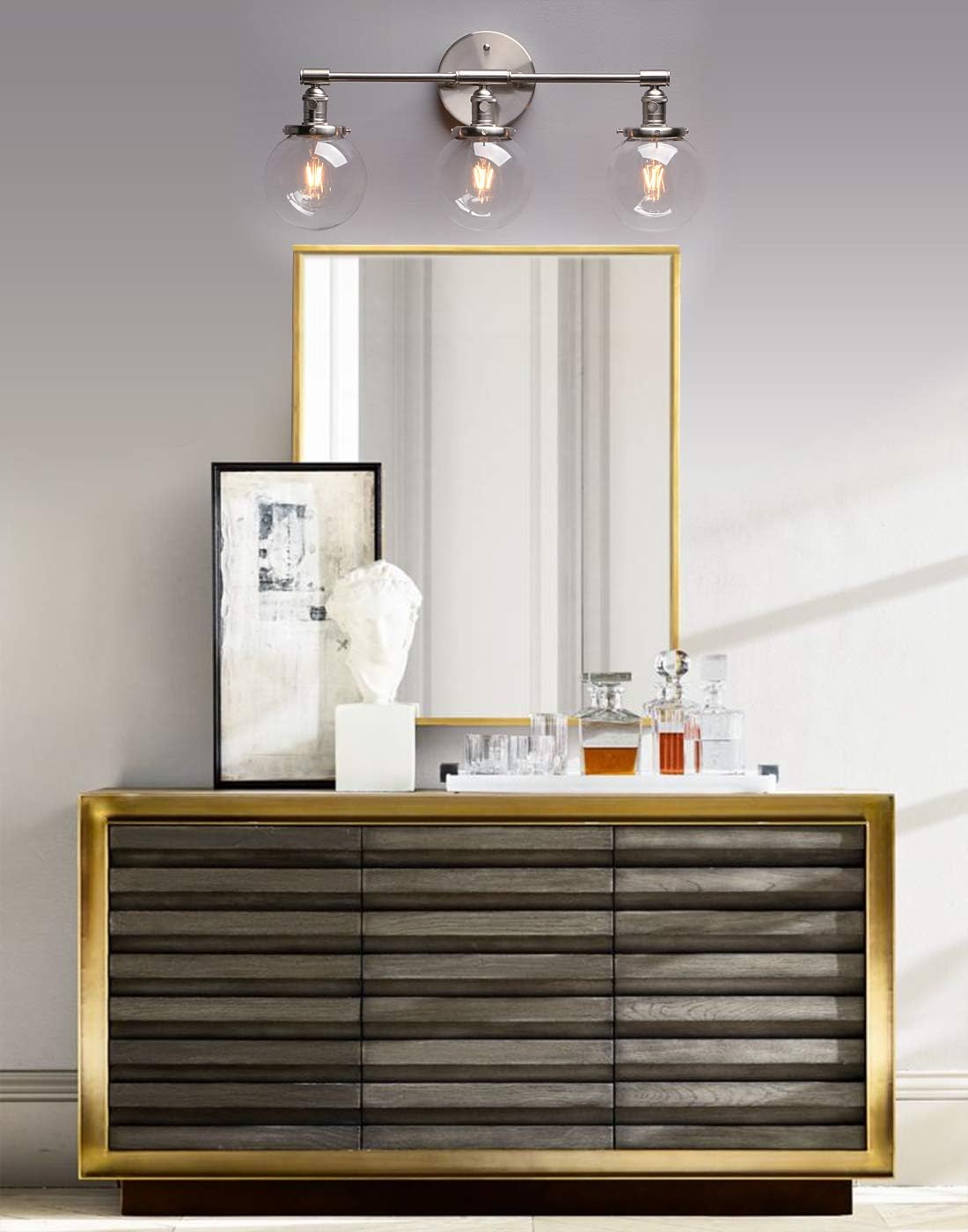 Phansthy Industrial 3 Lights Wall Sconce Modern Bathroom Vanity Light Fixture with On Off Switch and Three 5.9 Inches Diameter Globe Glass Lampshade (Chrome)