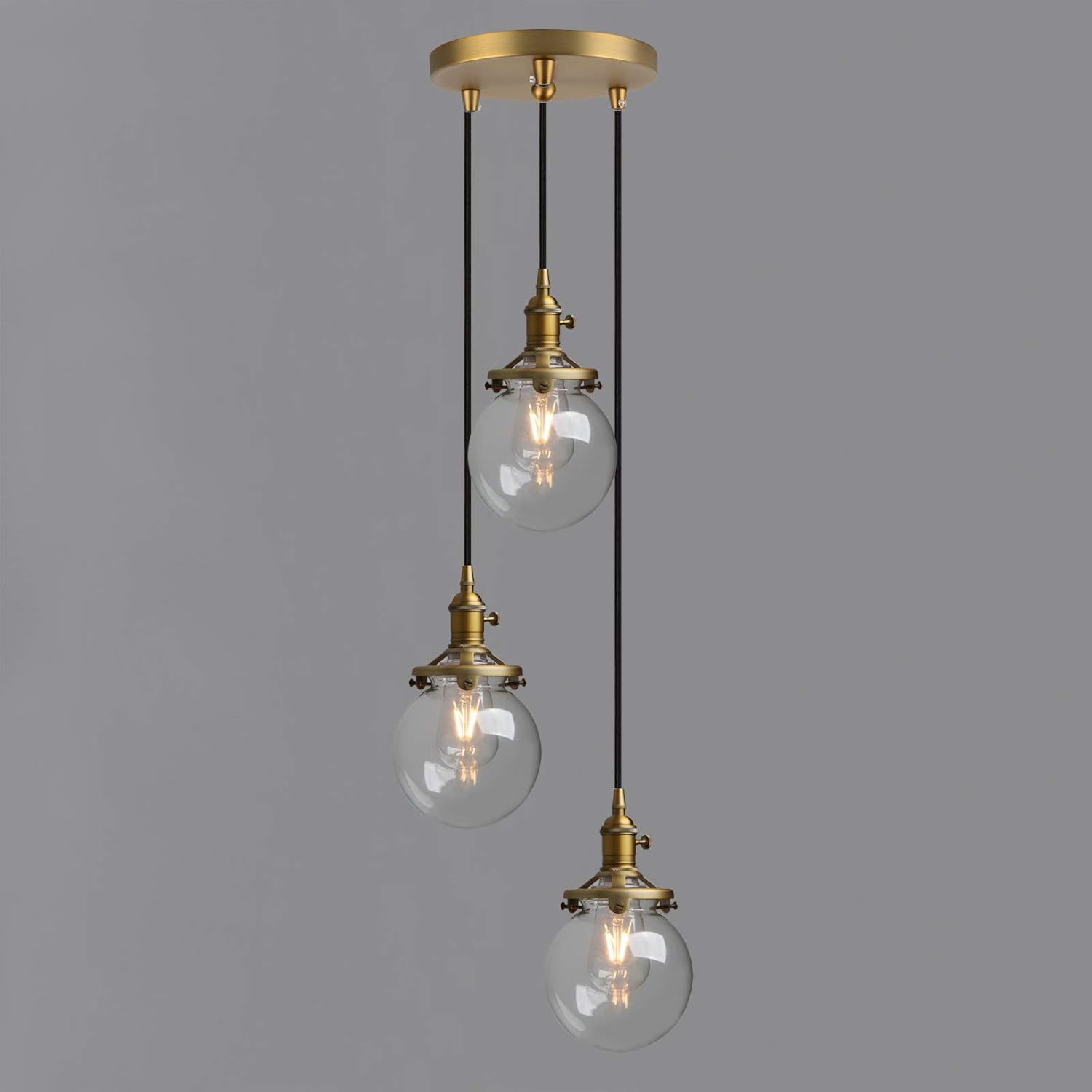 Phansthy Industrial Ceiling Light 3 Light Vintage Chandelier Light Fixture with 5.9 Inches Glass Lamp Shade,Brushed Nickel