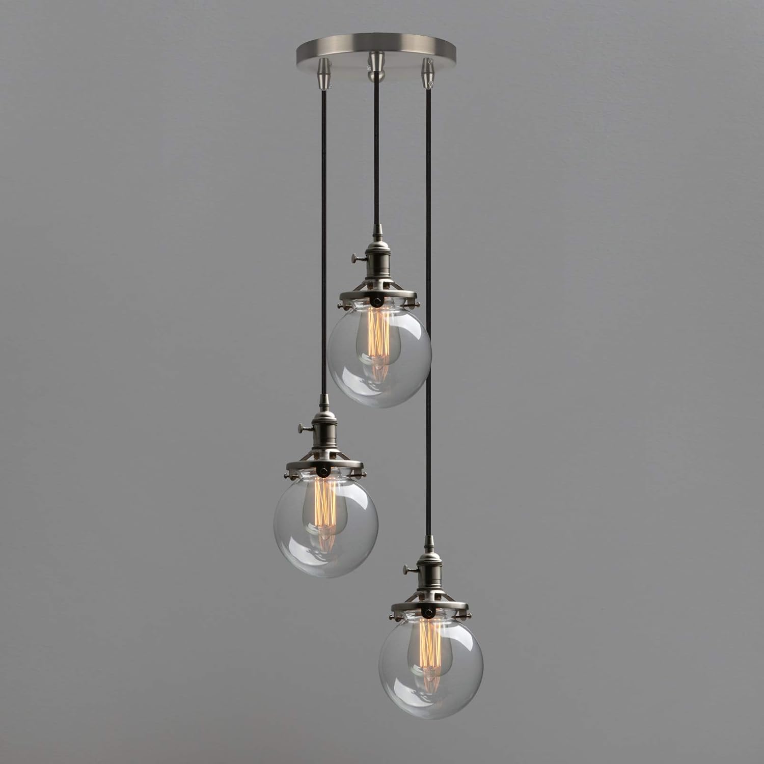 Phansthy Industrial Ceiling Light 3 Light Vintage Chandelier Light Fixture with 5.9 Inches Glass Lamp Shade,Brushed Nickel