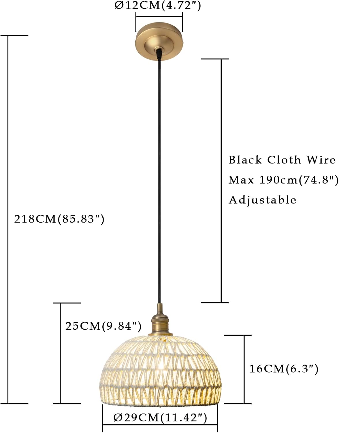 Phansthy Cream Hemp Rope Woven Pendant Light 11.4" Boho Woven Rattan/Iron Chandelier Farmhouse Dome Wicker Pendant Light Adjustable for Dining Room Living Room Kitchen Island Bedroom (Antique)