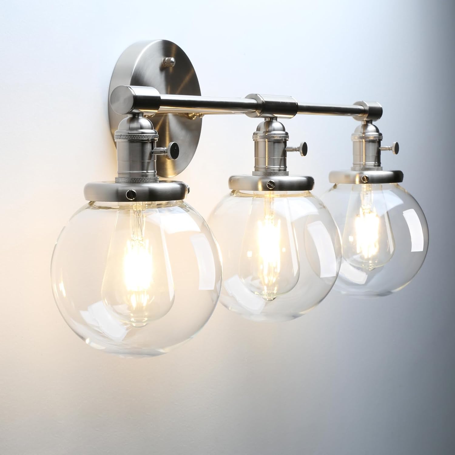 Phansthy Industrial 3 Lights Wall Sconce Modern Bathroom Vanity Light Fixture with On Off Switch and Three 5.9 Inches Diameter Globe Glass Lampshade (Chrome)