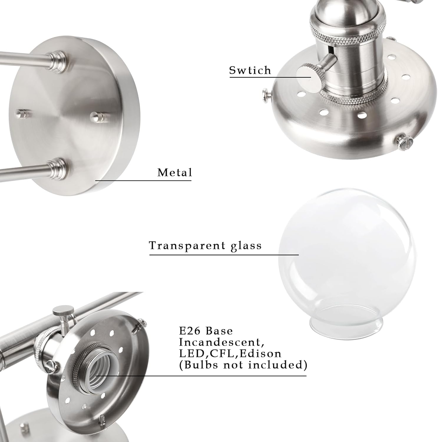 Phansthy Industrial 3 Lights Wall Sconce Modern Bathroom Vanity Light Fixture with On Off Switch and Three 5.9 Inches Diameter Globe Glass Lampshade (Chrome)