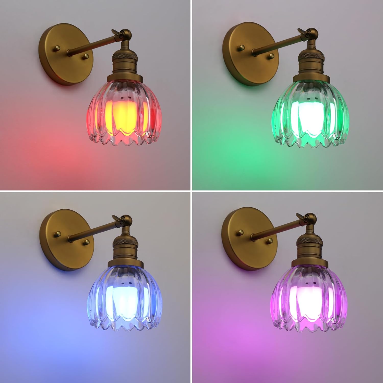 Phansthy Vintage Battery Operated Wall Sconce with Transparent Tulip Glass Lampshade, USB Rechargeable Battery Powered Wall Light with 12 RGB Remote Control for Bedside Bedroom Doorway (Antique)