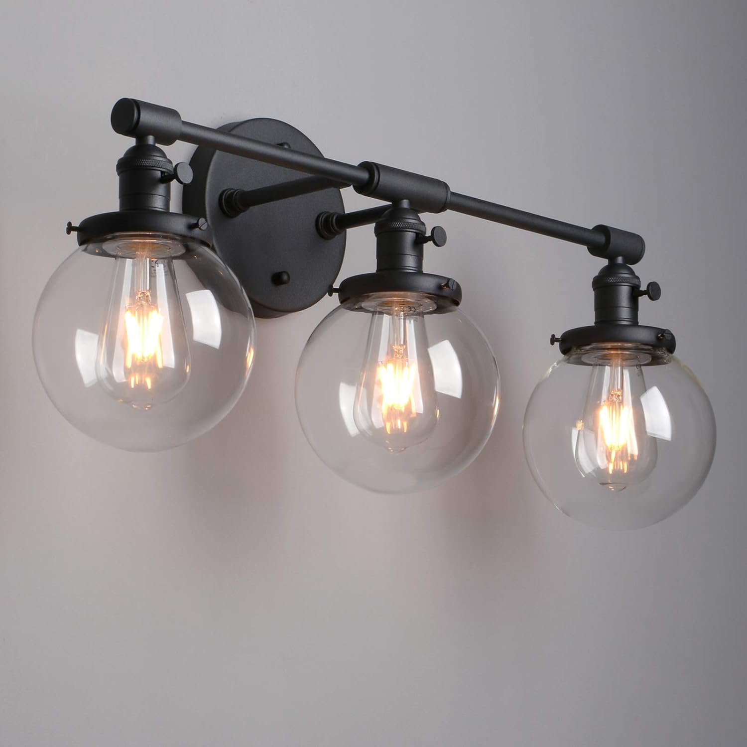 Phansthy Industrial 3 Lights Wall Sconce Modern Bathroom Vanity Light Fixture with On Off Switch and Three 5.9 Inches Diameter Globe Glass Lampshade (Chrome)