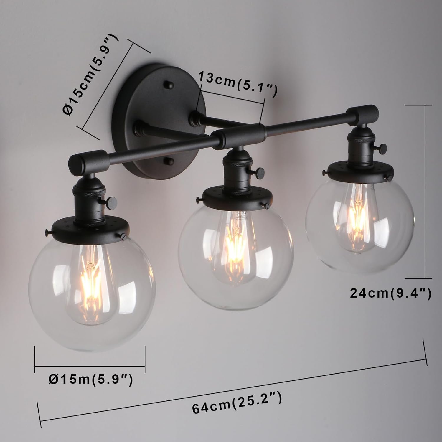 Phansthy Industrial 3 Lights Wall Sconce Modern Bathroom Vanity Light Fixture with On Off Switch and Three 5.9 Inches Diameter Globe Glass Lampshade (Chrome)