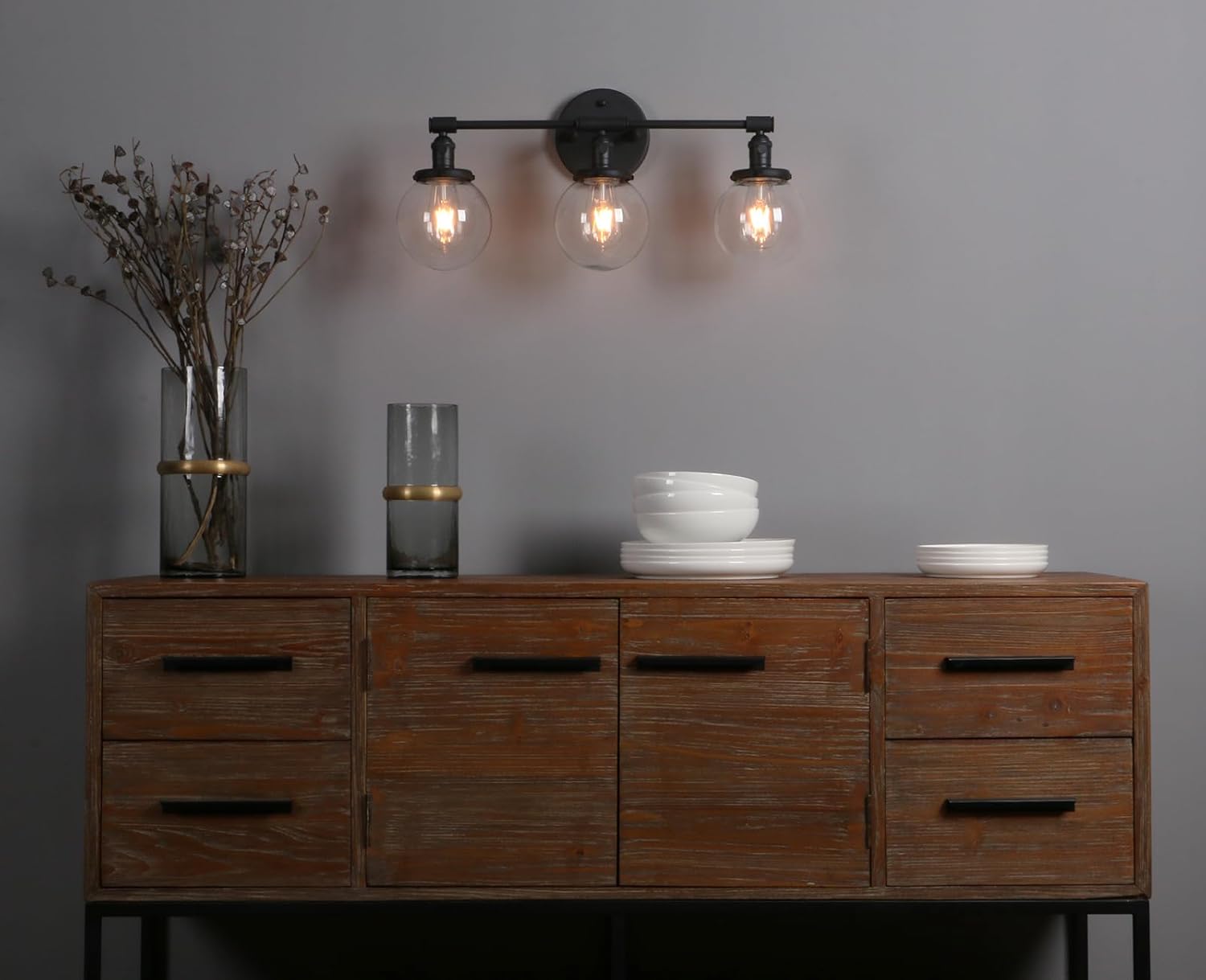 Phansthy Industrial 3 Lights Wall Sconce Modern Bathroom Vanity Light Fixture with On Off Switch and Three 5.9 Inches Diameter Globe Glass Lampshade (Chrome)
