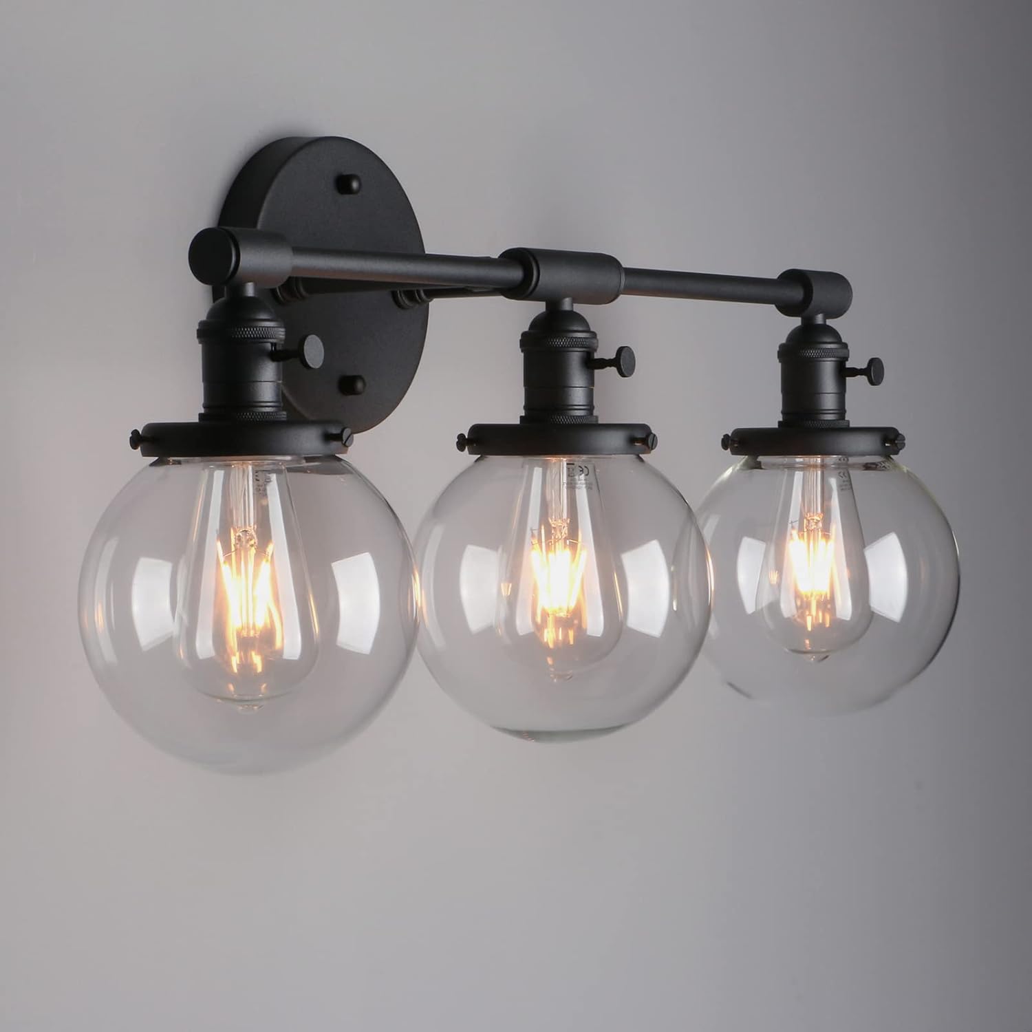Phansthy Industrial 3 Lights Wall Sconce Modern Bathroom Vanity Light Fixture with On Off Switch and Three 5.9 Inches Diameter Globe Glass Lampshade (Chrome)