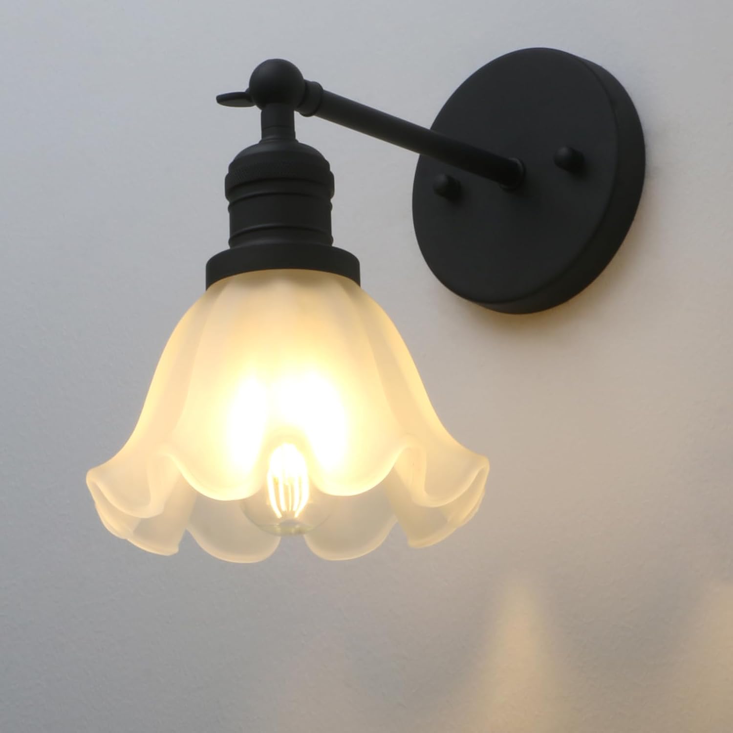 Phansthy Vintage Wall Sconces with Frosted Glass Lampshade 180 Degree Adjustable Brass Sconces Modern Glass Wall Lighting Fixture for Bedside Bedroom Doorway Bathroom (Black)