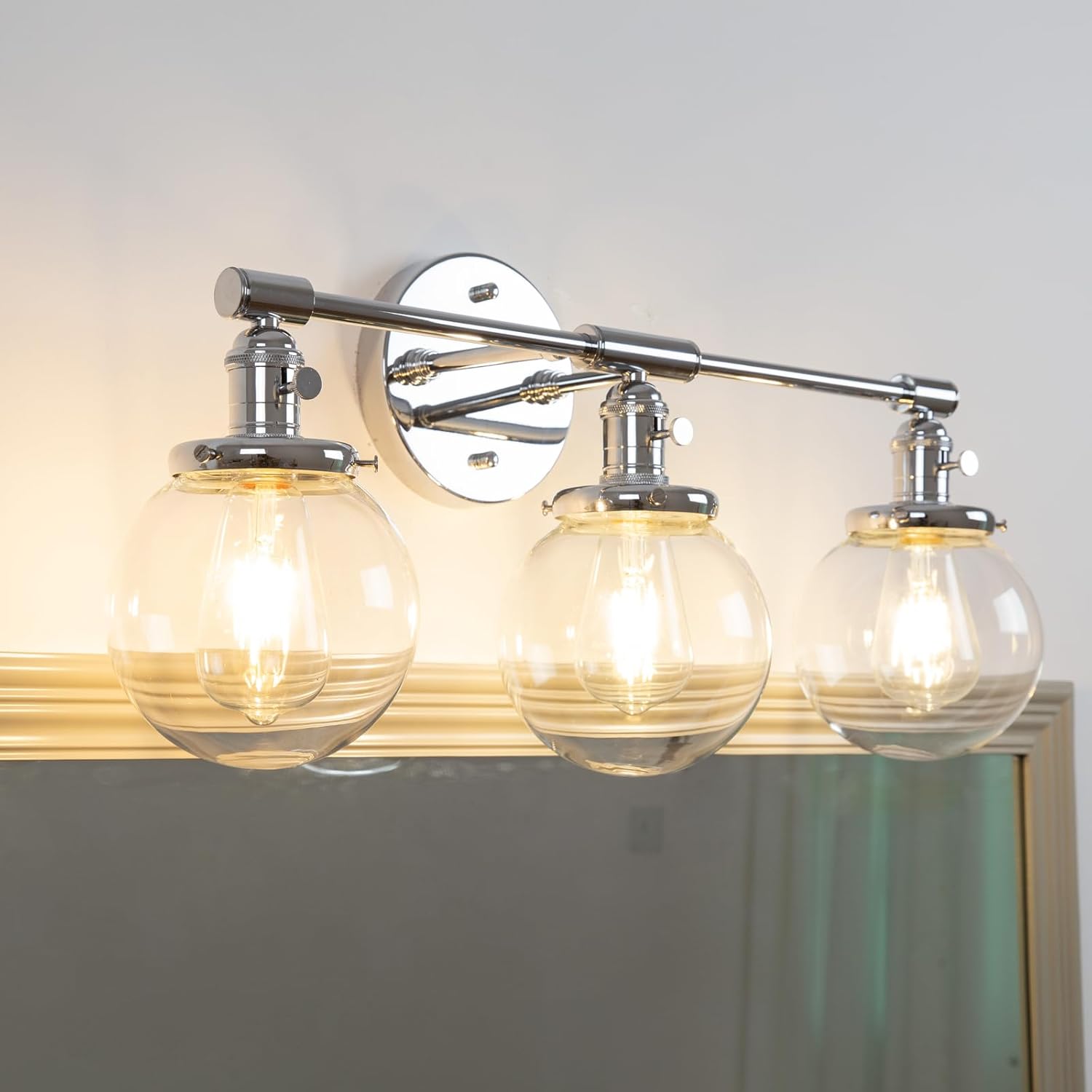 Phansthy Industrial 3 Lights Wall Sconce Modern Bathroom Vanity Light Fixture with On Off Switch and Three 5.9 Inches Diameter Globe Glass Lampshade (Chrome)