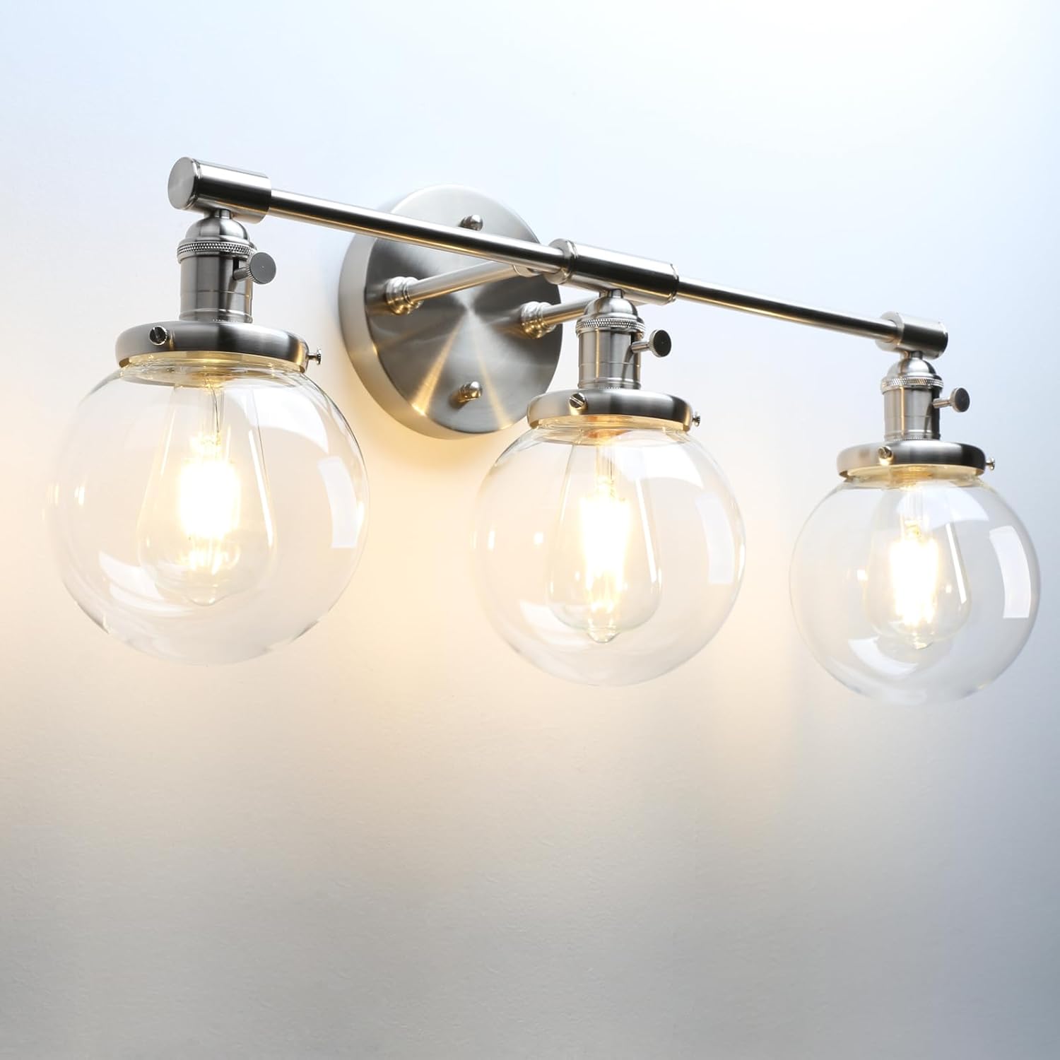 Phansthy Industrial 3 Lights Wall Sconce Modern Bathroom Vanity Light Fixture with On Off Switch and Three 5.9 Inches Diameter Globe Glass Lampshade (Chrome)
