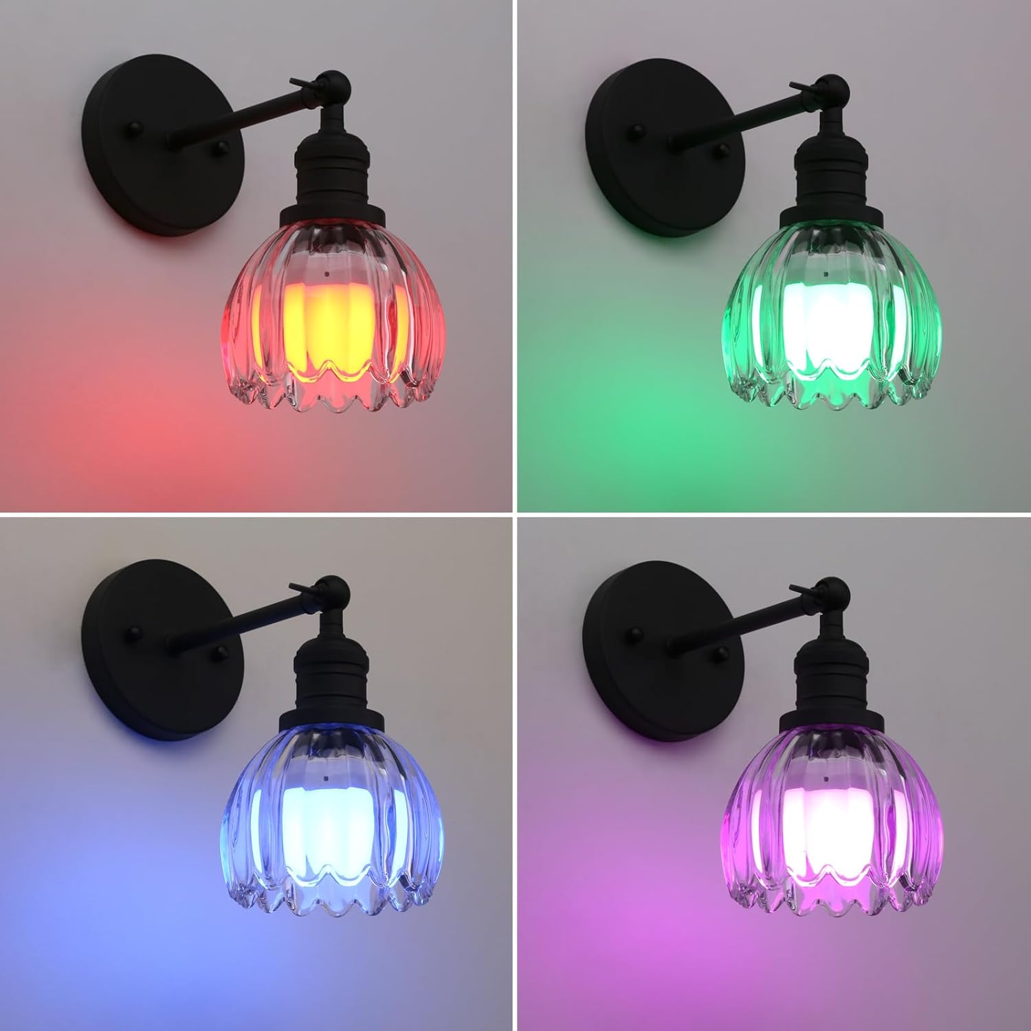 Phansthy Vintage Battery Operated Wall Sconce with Transparent Tulip Glass Lampshade, USB Rechargeable Battery Powered Wall Light with 12 RGB Remote Control for Bedside Bedroom Doorway (Antique)