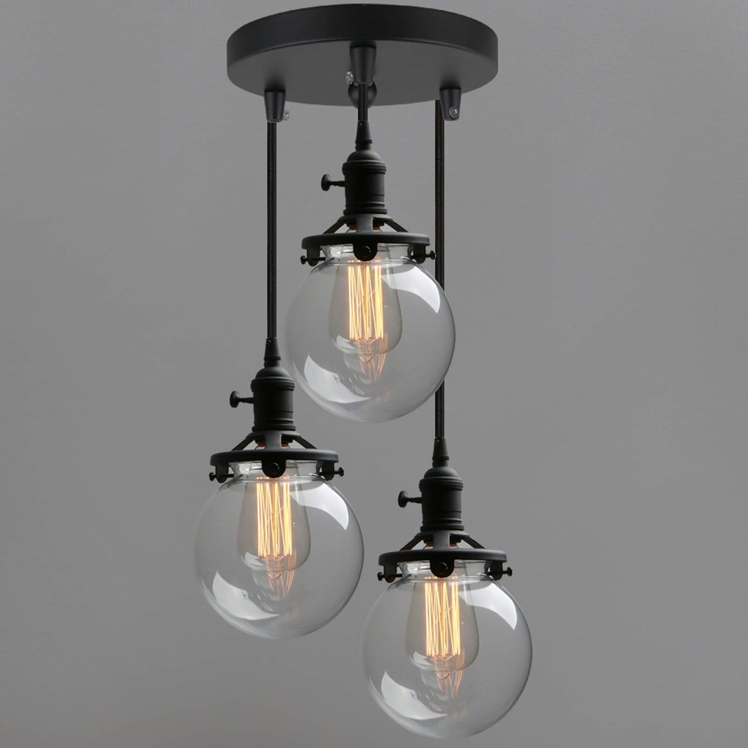 Phansthy Industrial Ceiling Light 3 Light Vintage Chandelier Light Fixture with 5.9 Inches Glass Lamp Shade,Brushed Nickel