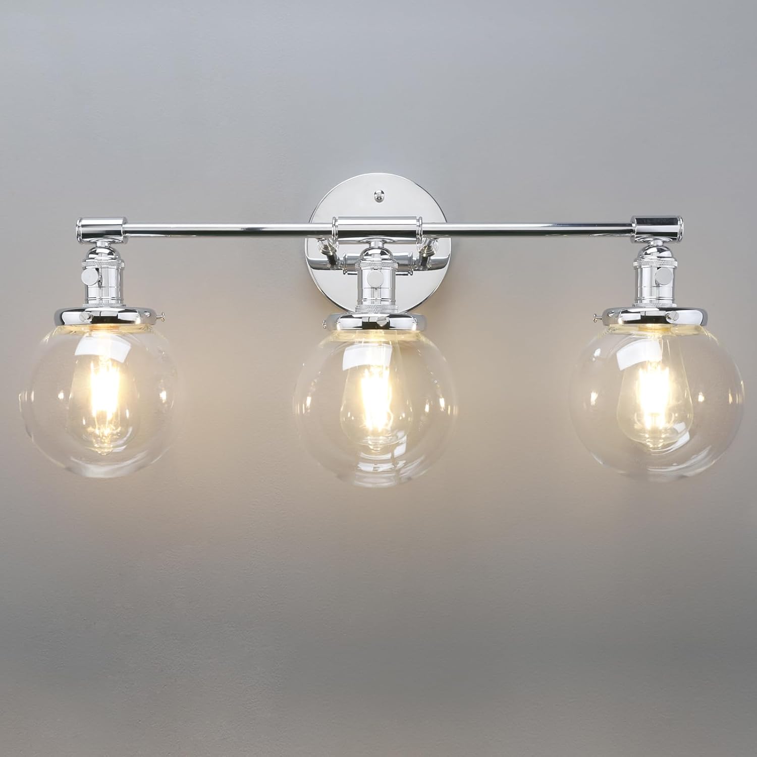 Phansthy Industrial 3 Lights Wall Sconce Modern Bathroom Vanity Light Fixture with On Off Switch and Three 5.9 Inches Diameter Globe Glass Lampshade (Chrome)