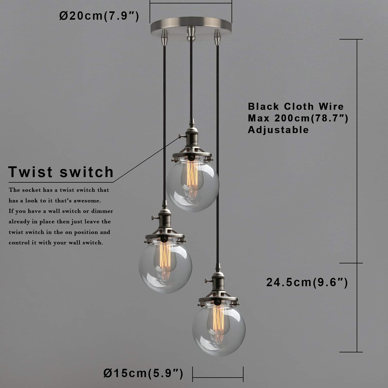 Phansthy Industrial Ceiling Light 3 Light Vintage Chandelier Light Fixture with 5.9 Inches Glass Lamp Shade,Brushed Nickel