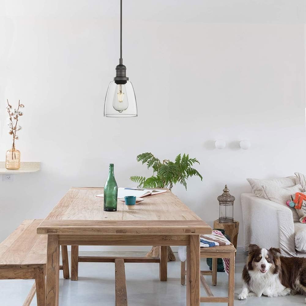 Phansthy Vintage Pendant Light Industrial Hanging Bell Glass Shade Ceiling Lamp Pendant Fixture (Black)