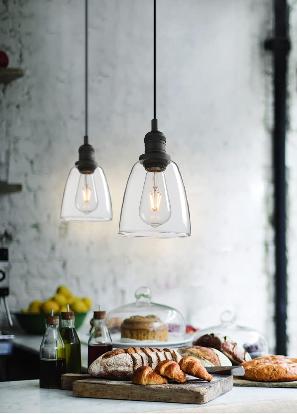 Phansthy Vintage Pendant Light Industrial Hanging Bell Glass Shade Ceiling Lamp Pendant Fixture (Black)