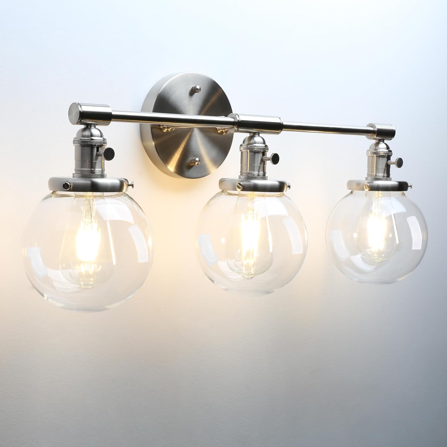 Phansthy Industrial 3 Lights Wall Sconce Modern Bathroom Vanity Light Fixture with On Off Switch and Three 5.9 Inches Diameter Globe Glass Lampshade (Chrome)