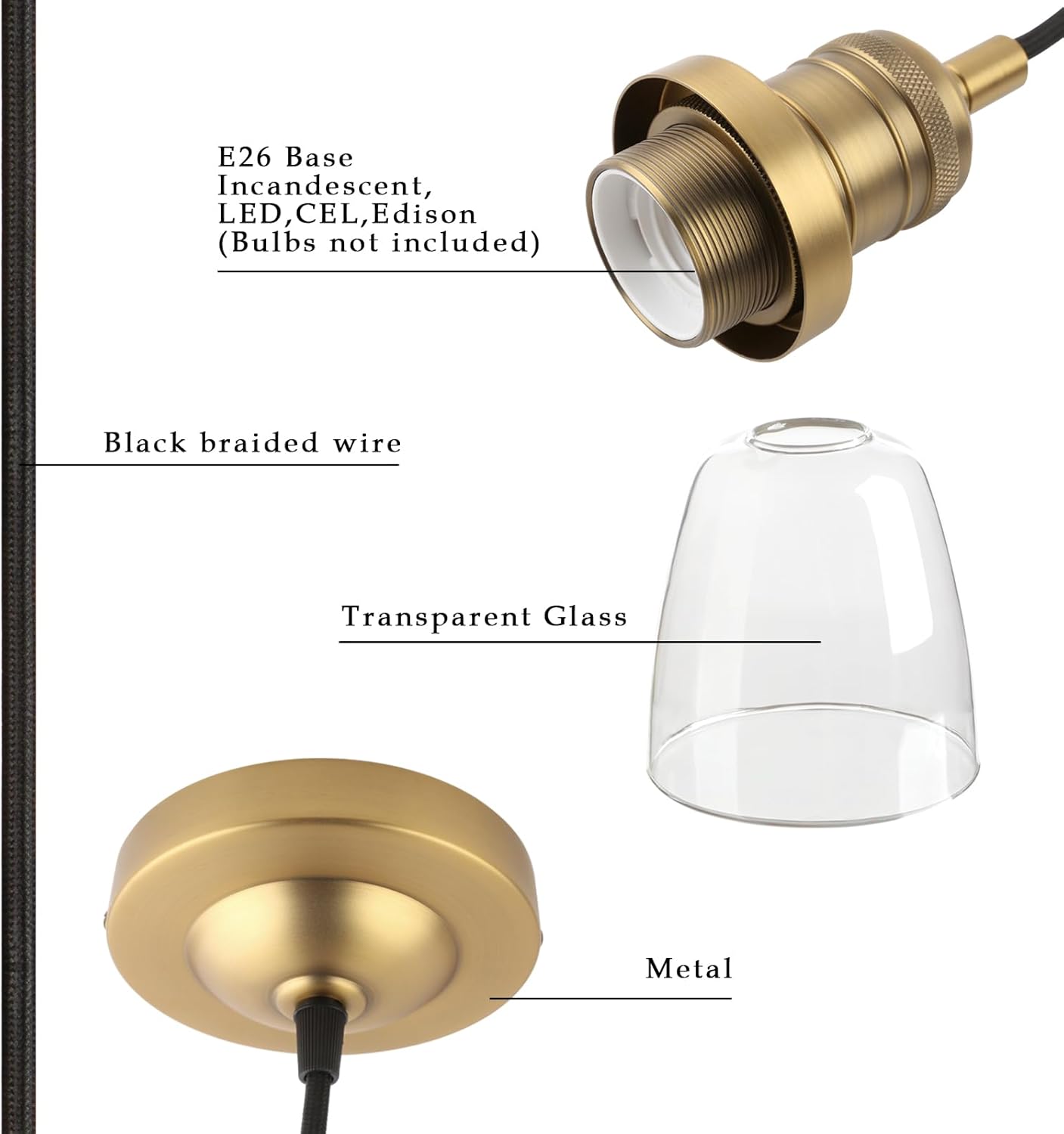 Phansthy Vintage Pendant Light Industrial Hanging Bell Glass Shade Ceiling Lamp Pendant Fixture (Black)