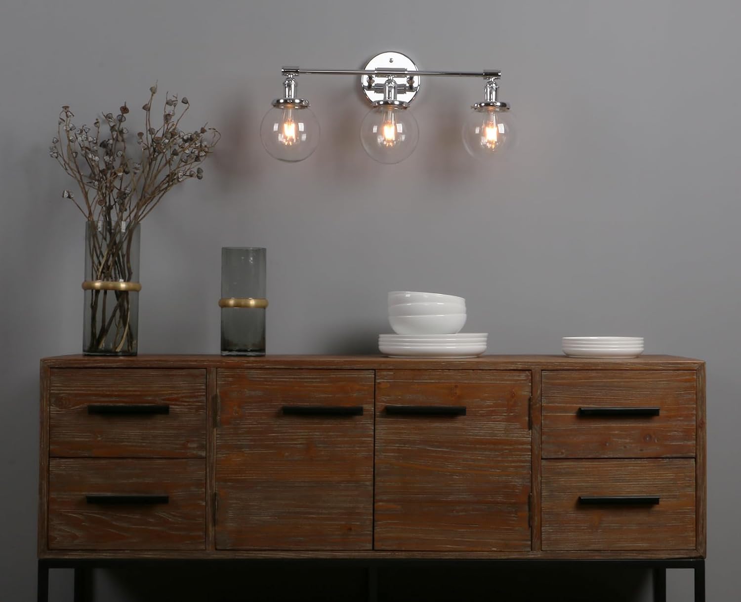 Phansthy Industrial 3 Lights Wall Sconce Modern Bathroom Vanity Light Fixture with On Off Switch and Three 5.9 Inches Diameter Globe Glass Lampshade (Chrome)