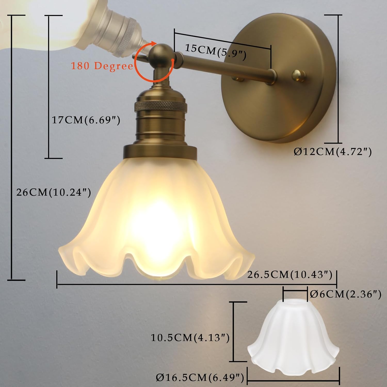 Phansthy Vintage Wall Sconces with Frosted Glass Lampshade 180 Degree Adjustable Brass Sconces Modern Glass Wall Lighting Fixture for Bedside Bedroom Doorway Bathroom (Black)